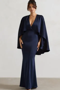 Yasie | Navy Satin Plunge-Neck Maxi Dress With Cape Sleeves