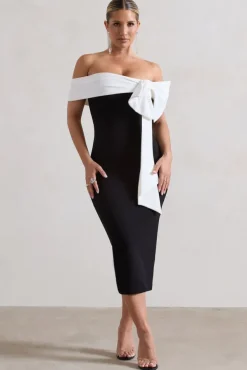 You Wish | Black Bodycon Bandeau Midi Dress With Oversized White Bow