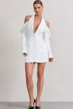 Your Night | White Plunge Draped Blazer Dress