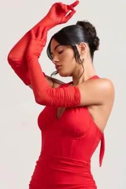Your Touch | Red Sheer Long Ruched Gloves