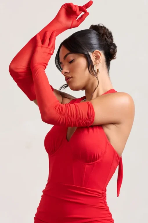 Your Touch | Red Sheer Long Ruched Gloves