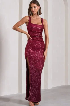 Yvonne | Plum Sequin Open-Back Bodycon Maxi Dress