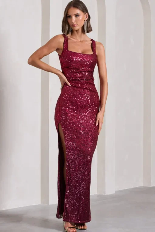 Yvonne | Plum Sequin Open-Back Bodycon Maxi Dress