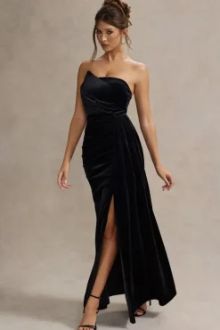Zafira | Black Velvet Strapless Draped Maxi Dress