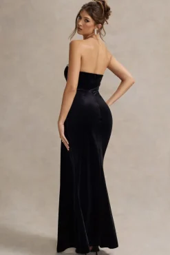 Zafira | Black Velvet Strapless Draped Maxi Dress