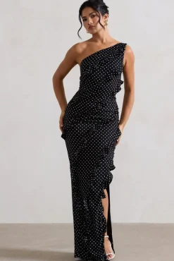 Zafra | Black Polka Dot Asymmetric Ruffle Maxi Dress