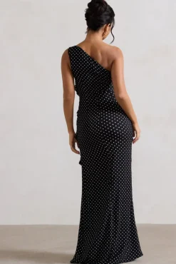 Zafra | Black Polka Dot Asymmetric Ruffle Maxi Dress