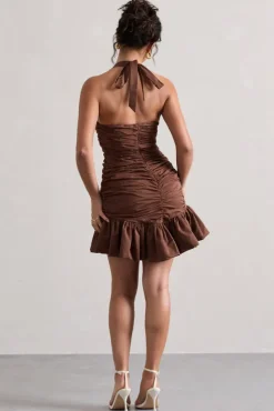 Zahra | Chocolate Brown Halter-Neck Ruched Mini Dress With Ruffle Hem