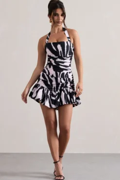 Zahra | Zebra Print Halter-Neck Ruched Mini Dress With Ruffle Hem