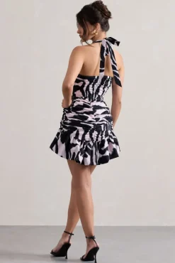 Zahra | Zebra Print Halter-Neck Ruched Mini Dress With Ruffle Hem