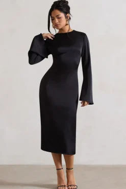 Zaina | Black Long Sleeve Midi Dress with High Neckline