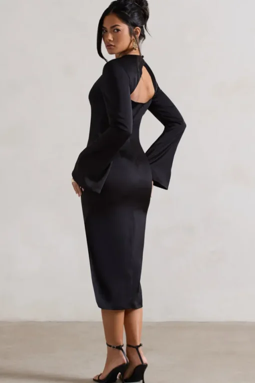 Zaina | Black Long Sleeve Midi Dress with High Neckline