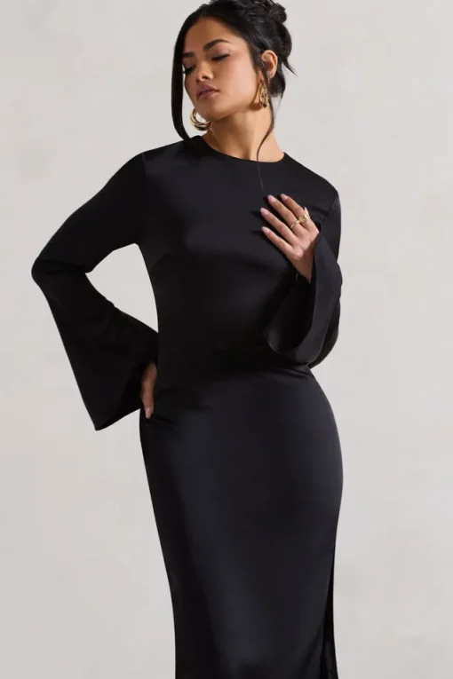 Zaina | Black Long Sleeve Midi Dress with High Neckline