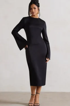Zaina | Black Long Sleeve Midi Dress with High Neckline