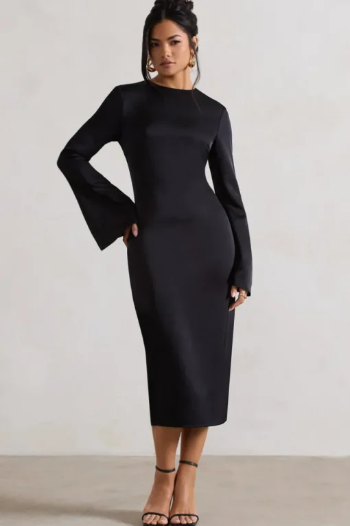 Zaina | Black Long Sleeve Midi Dress with High Neckline