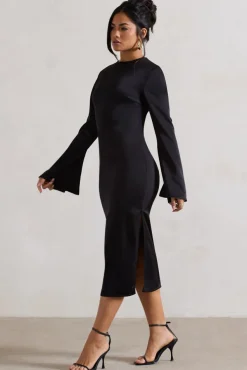 Zaina | Black Long Sleeve Midi Dress with High Neckline