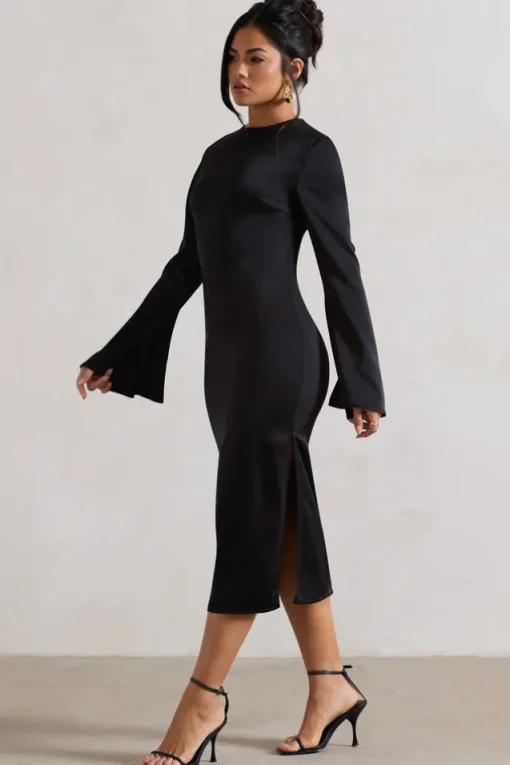 Zaina | Black Long Sleeve Midi Dress with High Neckline