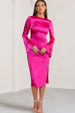 Zaina | Hot Pink Long Sleeve Midi Dress with High Neckline