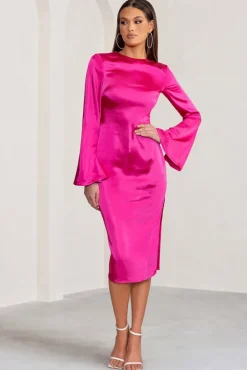 Zaina | Hot Pink Long Sleeve Midi Dress with High Neckline