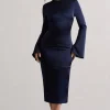 Zaina | Navy Long Sleeve Midi Dress with High Neckline