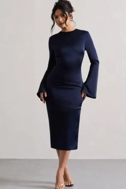Zaina | Navy Long Sleeve Midi Dress with High Neckline