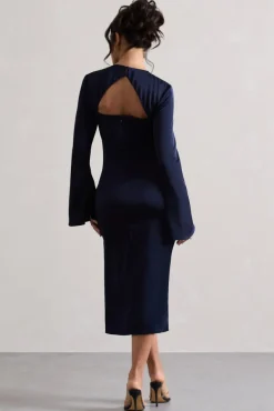 Zaina | Navy Long Sleeve Midi Dress with High Neckline