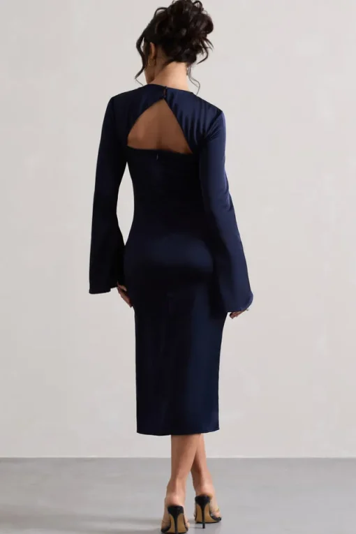 Zaina | Navy Long Sleeve Midi Dress with High Neckline