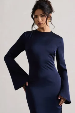 Zaina | Navy Long Sleeve Midi Dress with High Neckline