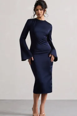 Zaina | Navy Long Sleeve Midi Dress with High Neckline