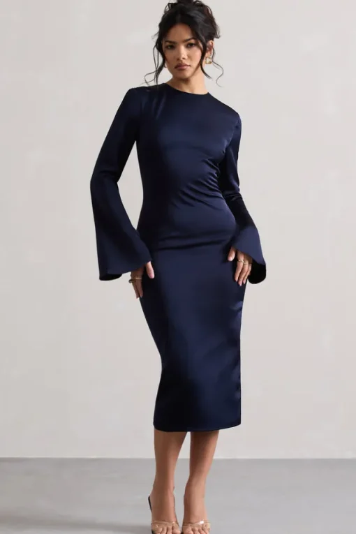 Zaina | Navy Long Sleeve Midi Dress with High Neckline