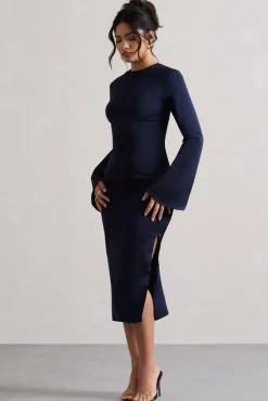 Zaina | Navy Long Sleeve Midi Dress with High Neckline