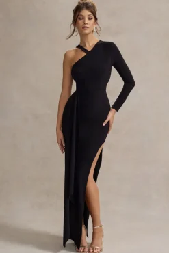 Zhuri | Black Asymmetric One-Sleeve Draped Maxi Dress