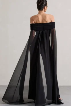 Zita | Black Bardot Jumpsuit With Chiffon Cape