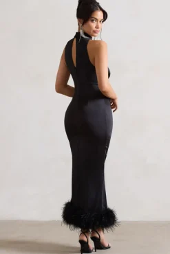 Zoe | Black Satin Twist Split Maxi Dress With Feather Trim