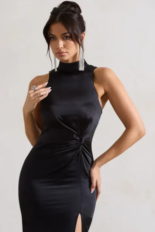 Zoe | Black Satin Twist Split Maxi Dress With Feather Trim