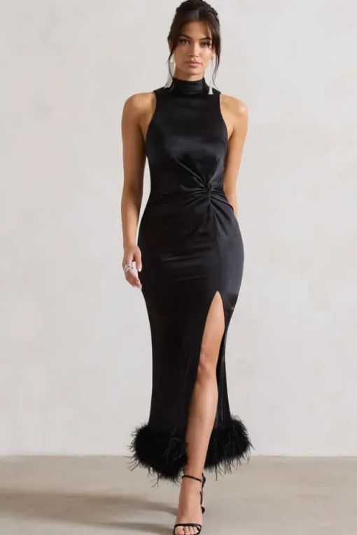 Zoe | Black Satin Twist Split Maxi Dress With Feather Trim