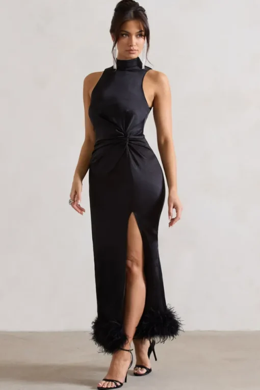 Zoe | Black Satin Twist Split Maxi Dress With Feather Trim
