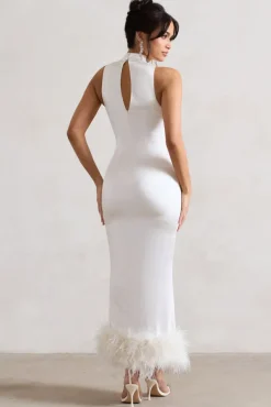 Zoe | Cream Satin Twist Split Maxi Dress With Feather Trim