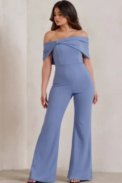 Zoey | Blue Bardot Bow Detail Jumpsuit