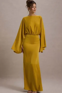 Zuzanna | Mustard Draped Maxi Dress With Cape Sleeves