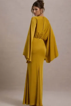 Zuzanna | Mustard Draped Maxi Dress With Cape Sleeves