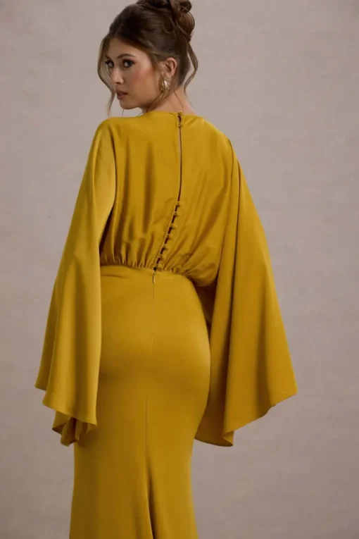 Zuzanna | Mustard Draped Maxi Dress With Cape Sleeves
