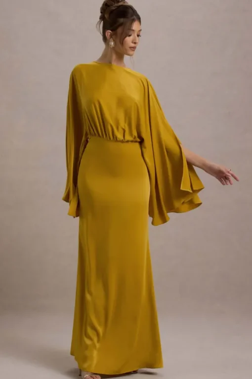 Zuzanna | Mustard Draped Maxi Dress With Cape Sleeves