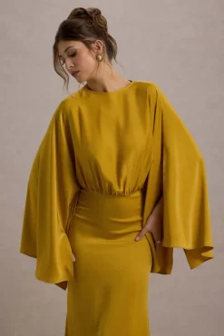 Zuzanna | Mustard Draped Maxi Dress With Cape Sleeves