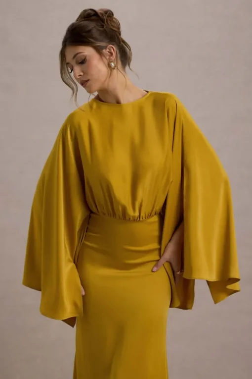 Zuzanna | Mustard Draped Maxi Dress With Cape Sleeves