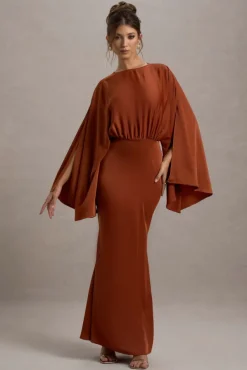 Zuzanna | Rust Draped Maxi Dress With Cape Sleeves