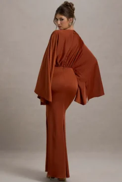 Zuzanna | Rust Draped Maxi Dress With Cape Sleeves