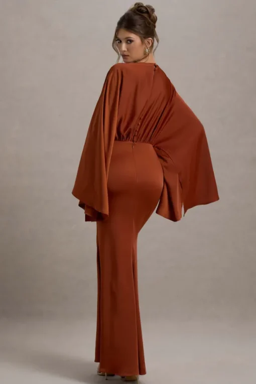 Zuzanna | Rust Draped Maxi Dress With Cape Sleeves