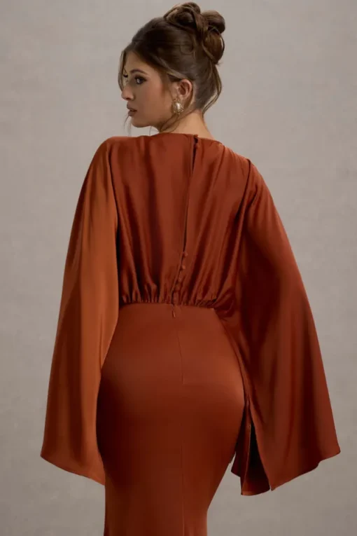 Zuzanna | Rust Draped Maxi Dress With Cape Sleeves