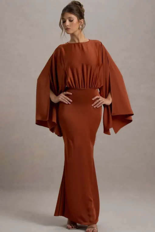 Zuzanna | Rust Draped Maxi Dress With Cape Sleeves